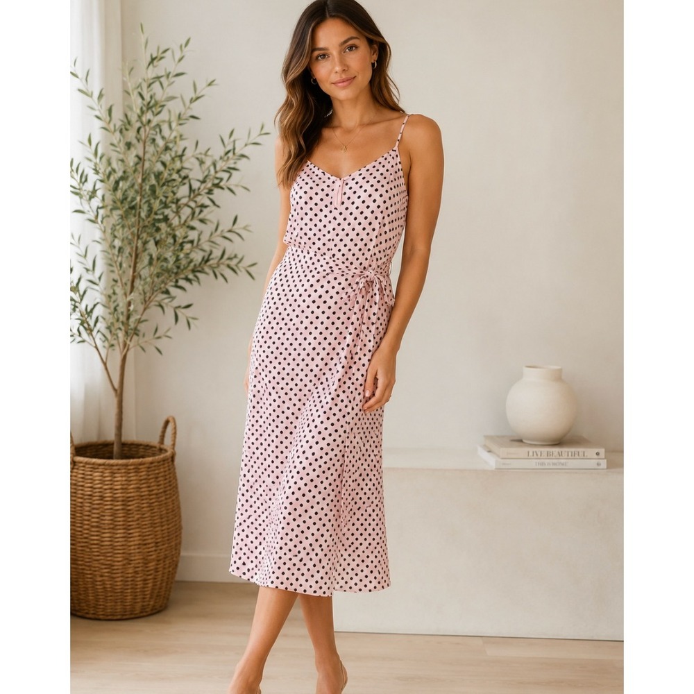 Tender Loving Care by HVN Polka Dot Midi Slip Dress in Pink & Navy sz 4
